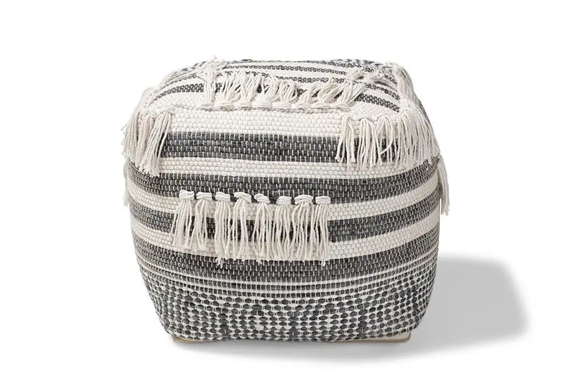 Hudson Moroccan Inspired Grey and Ivory Handwoven Cotton Pouf Ottoman iHome Studio