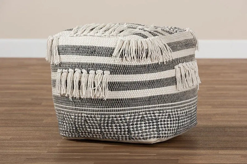 Hudson Moroccan Inspired Grey and Ivory Handwoven Cotton Pouf Ottoman iHome Studio