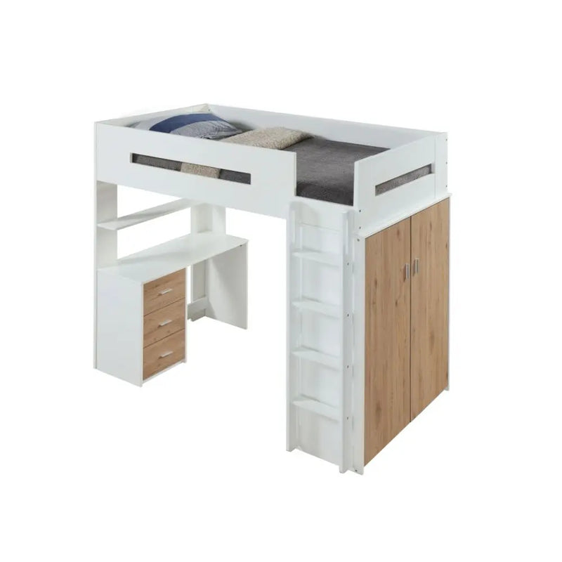 Jaxson Twin Loft Bed w/Desk and Wardrobe, White & Oak iHome Studio