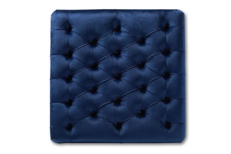 Jeremiah Transitional Blue Velvet Fabric Upholstered Button Tufted Cocktail Ottoman iHome Studio