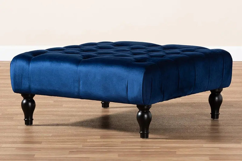 Jeremiah Transitional Blue Velvet Fabric Upholstered Button Tufted Cocktail Ottoman iHome Studio
