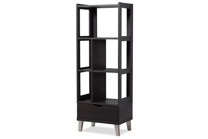 Kalien Dark Brown Wood Leaning Bookcase with Display Shelves and One Drawer iHome Studio