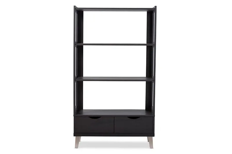 Kalien Dark Brown Wood Leaning Bookcase with Display Shelves and Two Drawers iHome Studio