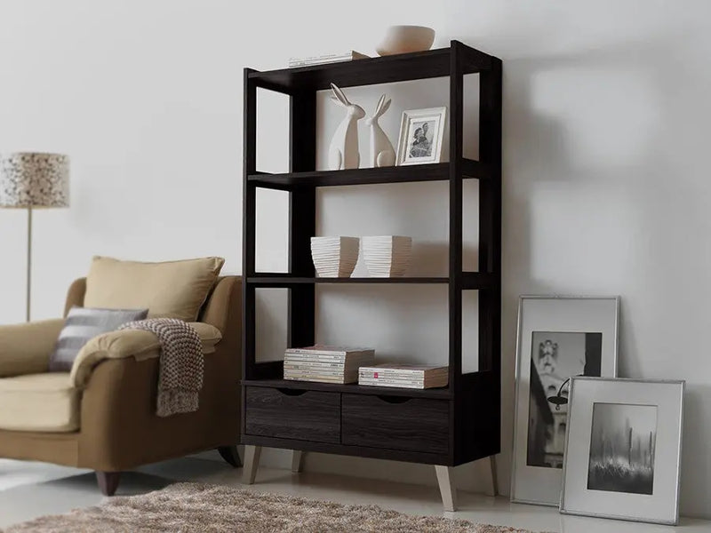 Kalien Dark Brown Wood Leaning Bookcase with Display Shelves and Two Drawers iHome Studio