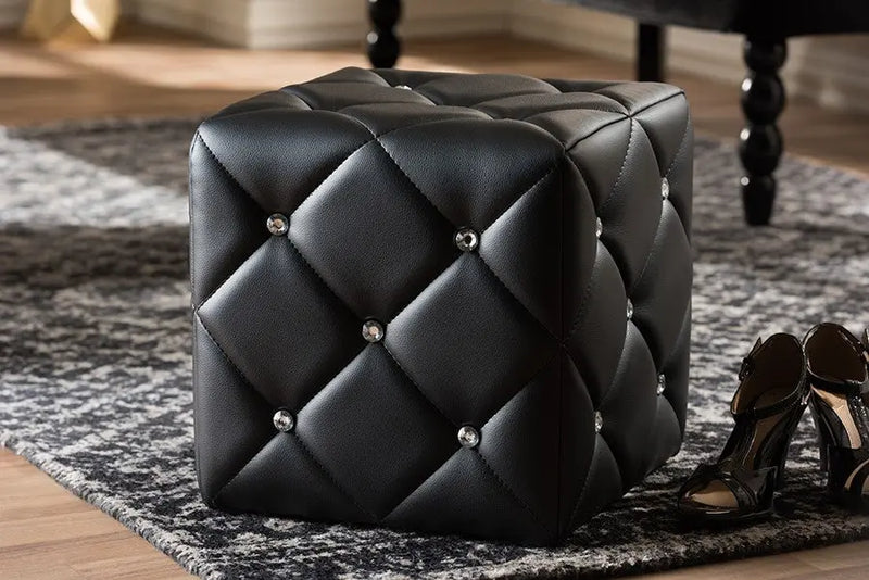 Kayden Black Faux Leather Upholstered Ottoman iHome Studio