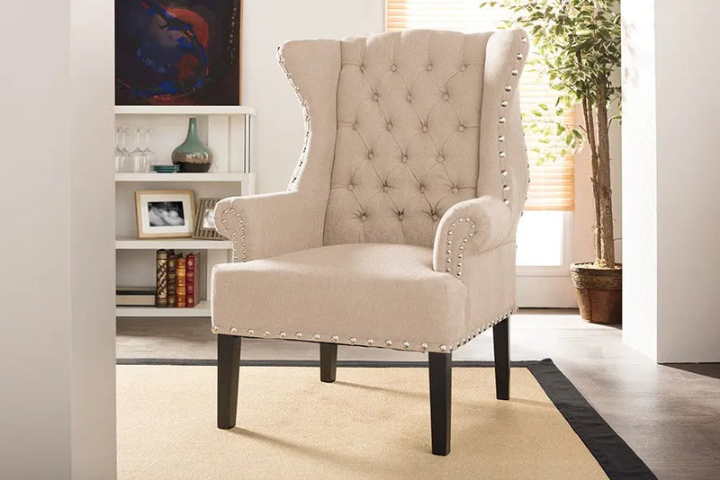 Knuckey French Country Beige Linen Nail Head Wing Back Armchair iHome Studio