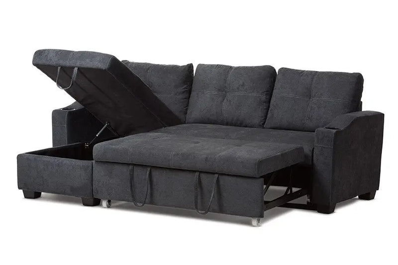 Lianna Dark Grey Fabric Upholstered Sectional Sofa w/Storage Chaise iHome Studio