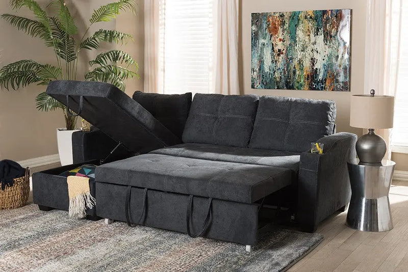 Lianna Dark Grey Fabric Upholstered Sectional Sofa w/Storage Chaise iHome Studio