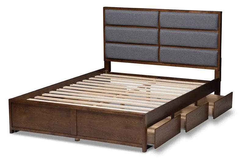 Macey Dark Grey Fabric Upholstered Walnut Storage Platform Bed (Queen) iHome Studio