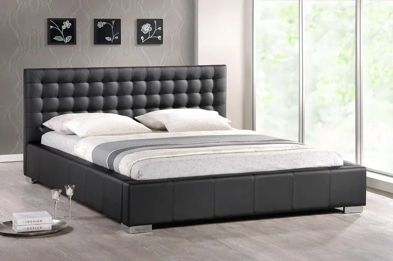 Madison Black Faux Leather Platform Bed w/Upholstered Headboard (Queen) iHome Studio