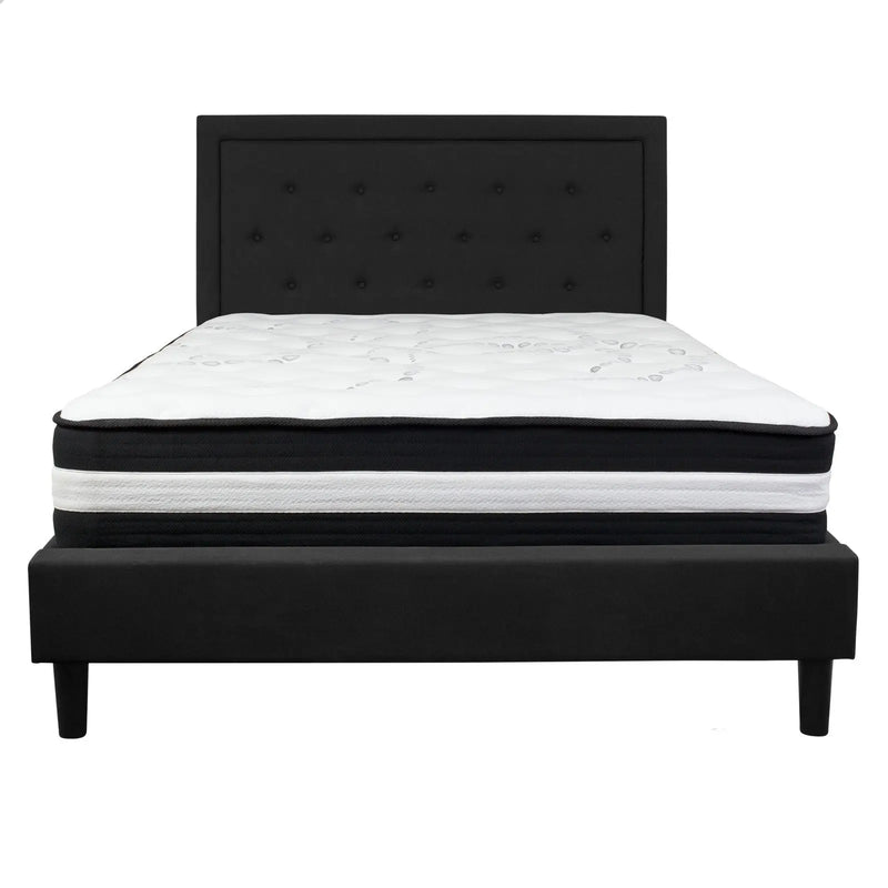 Marcelia Tufted Upholstered Platform Bed, Black w/Mattress (Queen) iHome Studio
