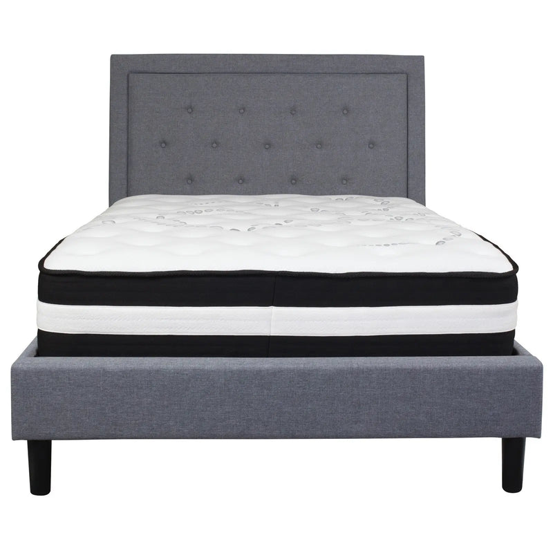 Marcelia Tufted Upholstered Platform Bed, Light Gray w/Mattress (Full) iHome Studio