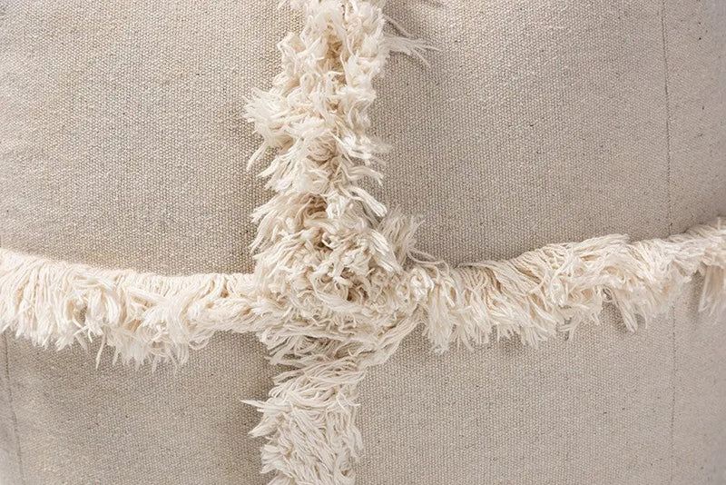 Mason Moroccan Inspired Beige Handwoven Cotton Fringe Pouf Ottoman iHome Studio