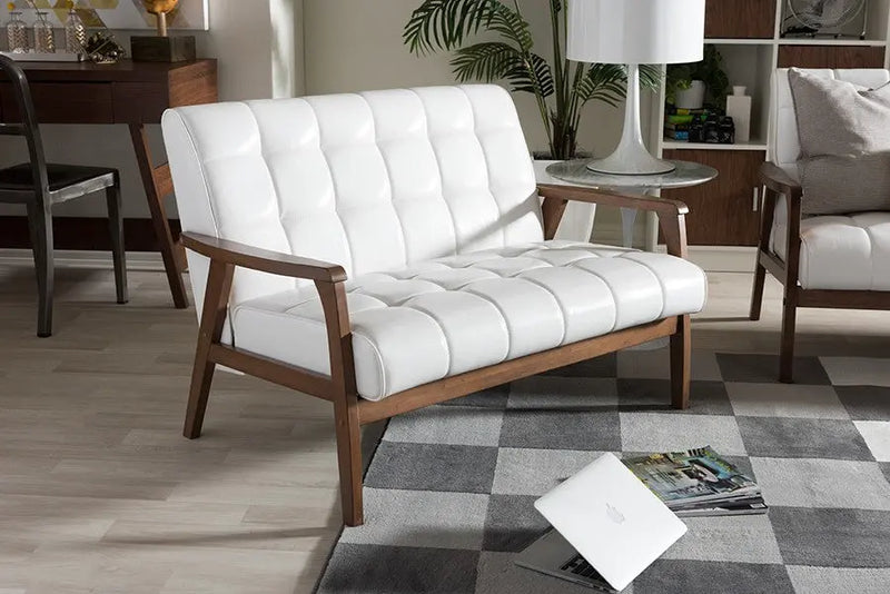 Masterpieces Faux Leather White Loveseat, Grid Tufted iHome Studio