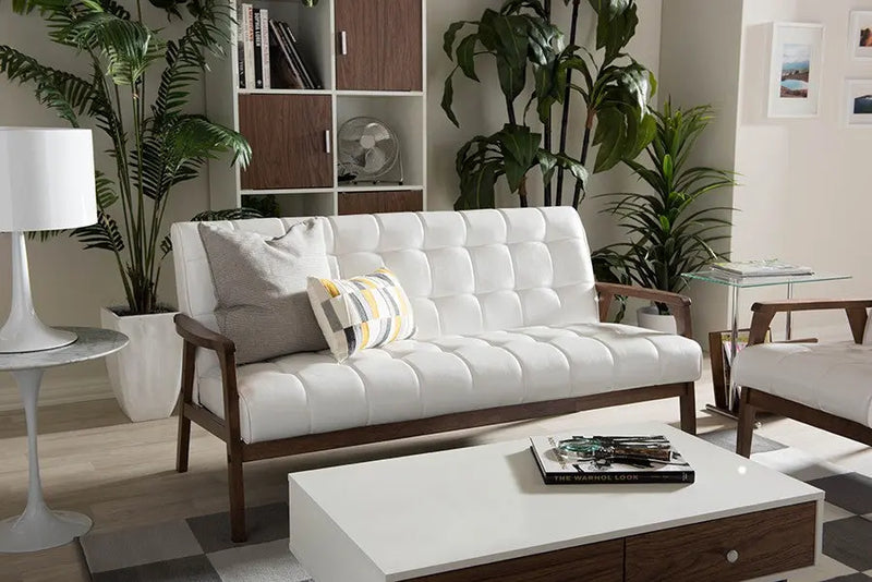 Masterpieces Faux Leather White Sofa, Grid Tufted iHome Studio
