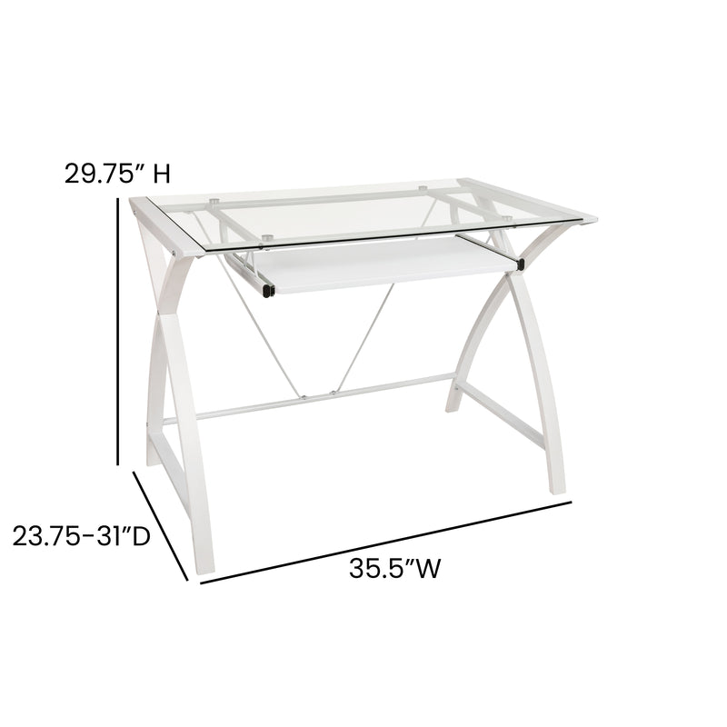 Malcom Tempered Glass Computer Desk w/White Pull-Out Keyboard Tray iHome Studio