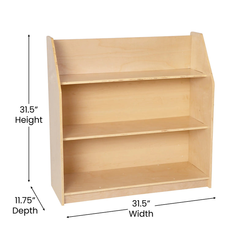 Natural Wooden 3 Shelf Book Display with Safe, Kid Friendly Curved Edges iHome Studio
