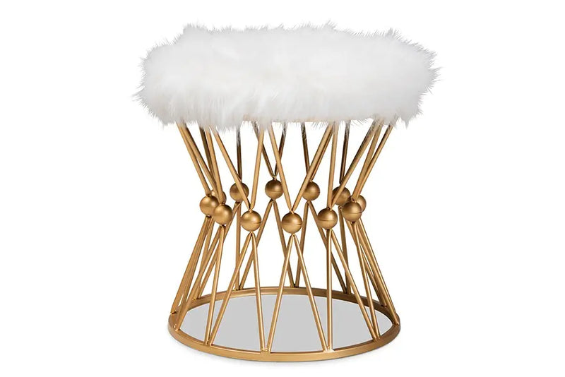Nolan White Faux Fur Upholstered Gold Finished Metal Ottoman iHome Studio