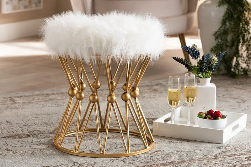 Nolan White Faux Fur Upholstered Gold Finished Metal Ottoman iHome Studio