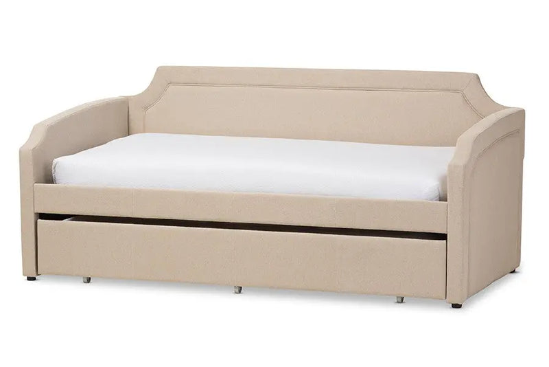 Parkson Beige Linen Fabric Curved Notched Corners Sofa Twin Daybed with Roll-Out Trundle Guest Bed iHome Studio