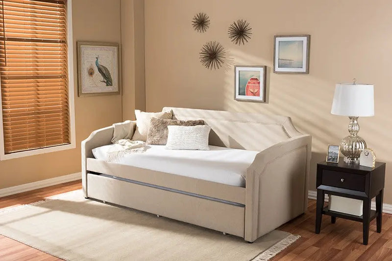 Parkson Beige Linen Fabric Curved Notched Corners Sofa Twin Daybed with Roll-Out Trundle Guest Bed iHome Studio