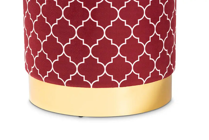 Santiago Red Quatrefoil Velvet Fabric, Gold Finished Metal Storage Ottoman iHome Studio