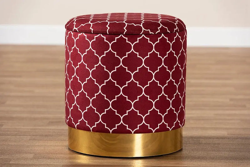 Santiago Red Quatrefoil Velvet Fabric, Gold Finished Metal Storage Ottoman iHome Studio