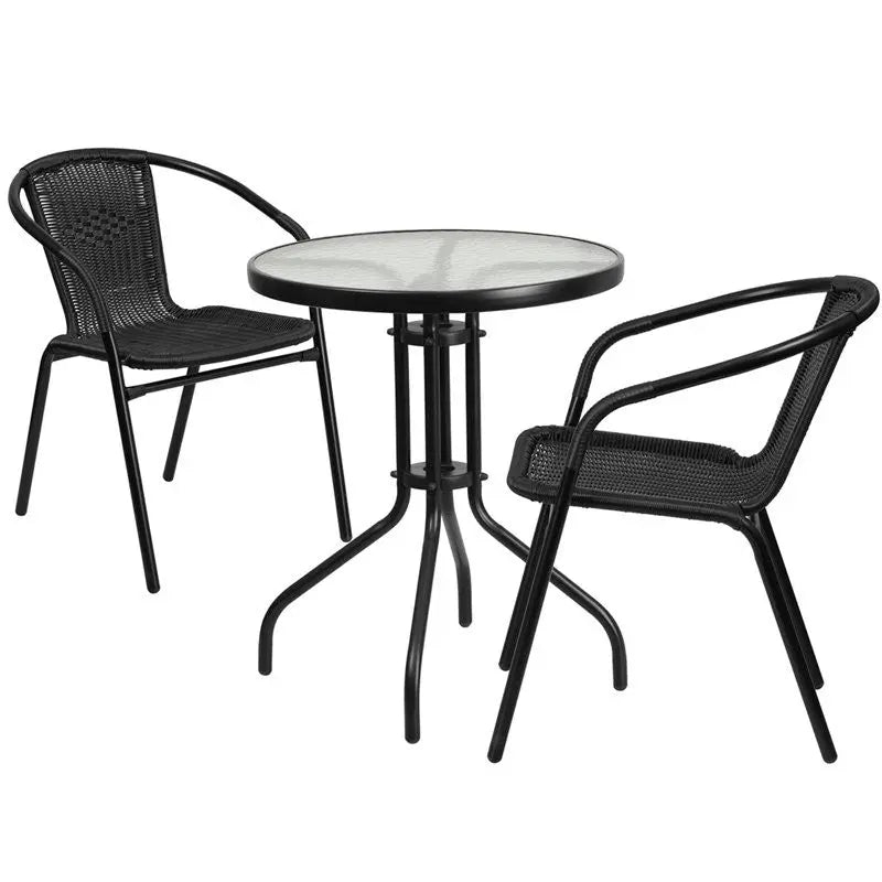 Skovde 3pcs Round 23.75'' Glass Metal Table w/2 Black Rattan Stack Chairs iHome Studio