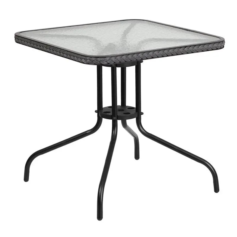 Skovde Square 28'' Tempered Glass Metal Table Gray Rattan Edging for Patio/Bar iHome Studio