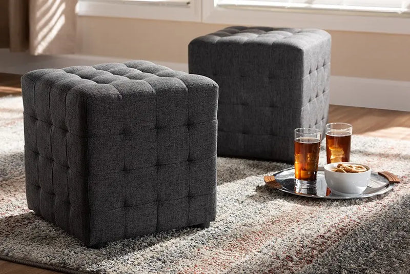 Thomas Dark Grey Fabric Upholstered Tufted Cube Ottoman iHome Studio