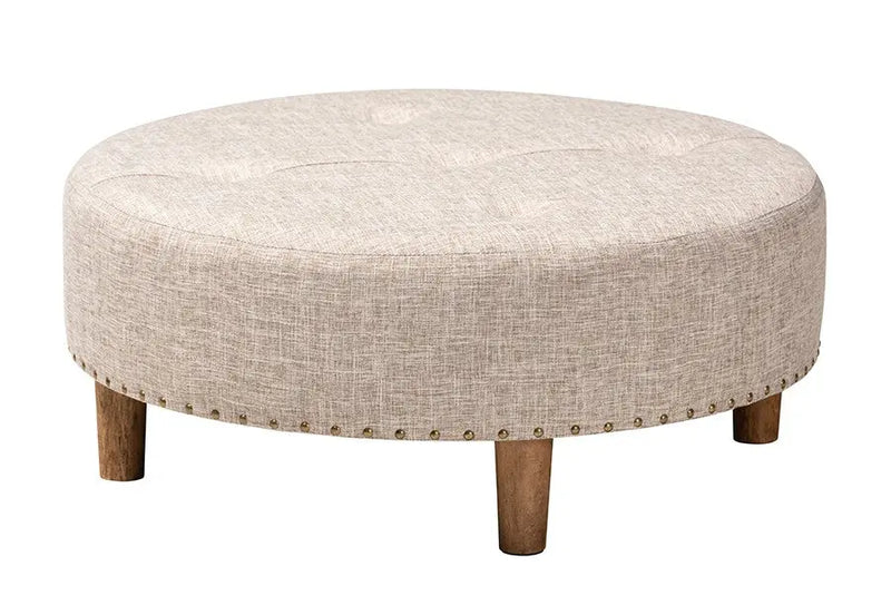Tyler Beige Fabric Upholstered Natural Wood Cocktail Ottoman iHome Studio