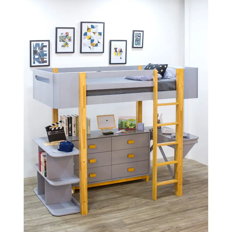 Tyson Twin Loft Bed w/Desk and Bookshelf, Gray & Natural iHome Studio