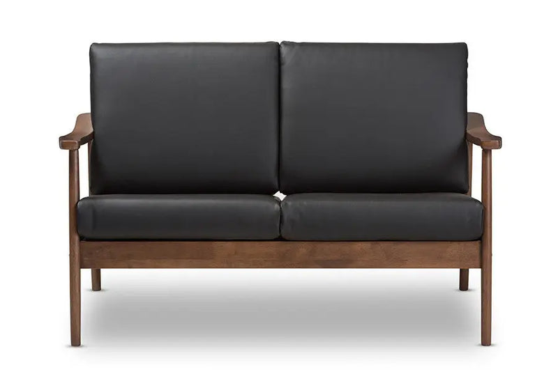 Venza Walnut Wood Black Faux Leather 2-Seater Loveseat iHome Studio