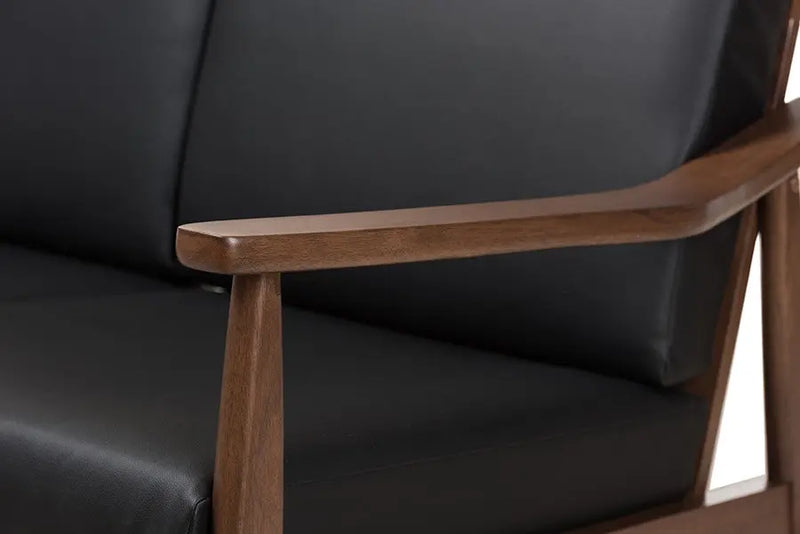Venza Walnut Wood Black Faux Leather 2-Seater Loveseat iHome Studio