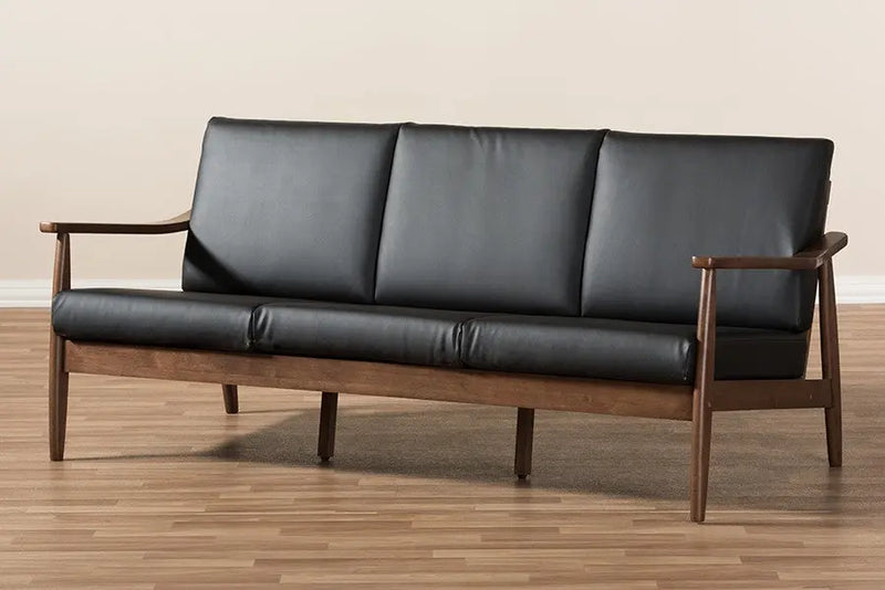 Venza Walnut Wood Black Faux Leather 3-Seater Sofa iHome Studio