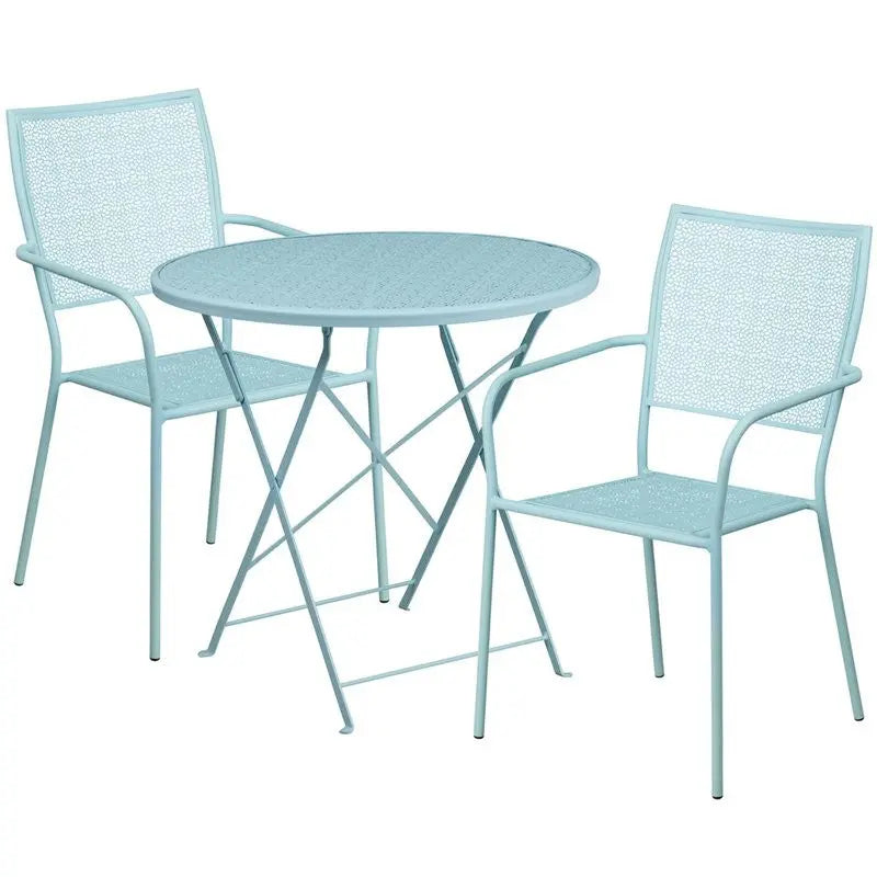 Westbury 3pcs Round 30'' Sky Blue Steel Folding Table w/2 Square Back Chairs iHome Studio