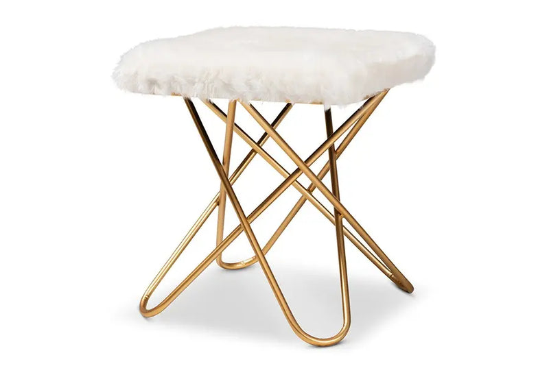 Zachary White Faux Fur Upholstered Gold Finished Metal Ottoman iHome Studio