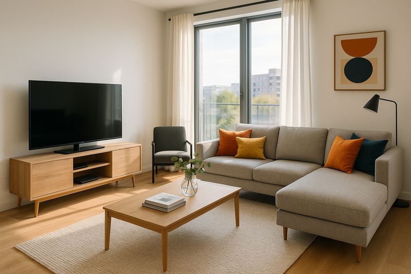 Modern apartment living room with sectional sofa, TV stand, and space-saving furniture layout