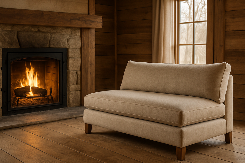 Armless beige sofa placed by fireplace in cozy rustic living room