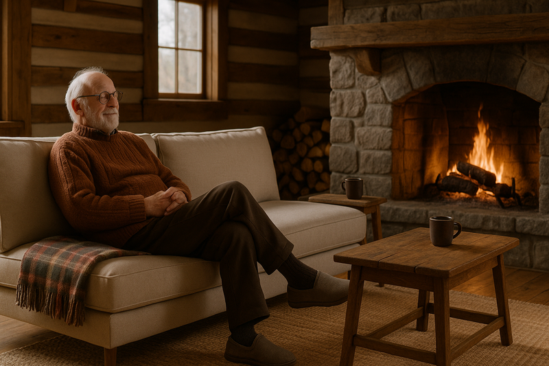 Armless sofa in a rustic farmhouse living room, with an elderly man relaxing by a wood-burning stone fireplace, plaid throw and wood beams creating a warm, cozy scene.