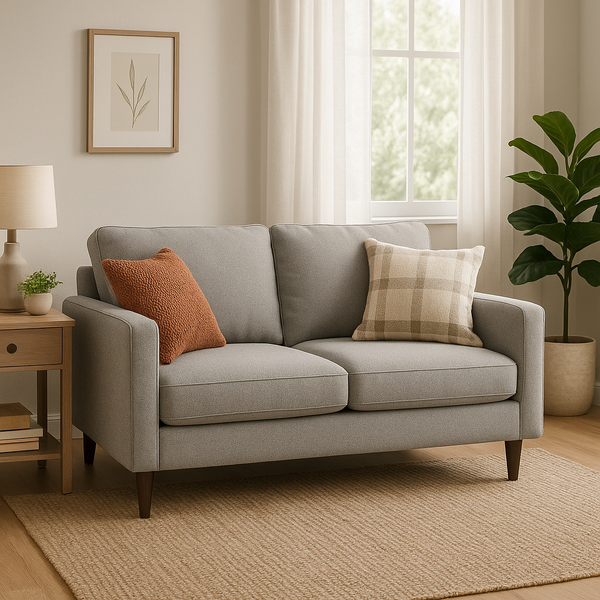 A cozy modern apartment living room featuring a light gray loveseat with plush cushions, accented by patterned and textured throw pillows.