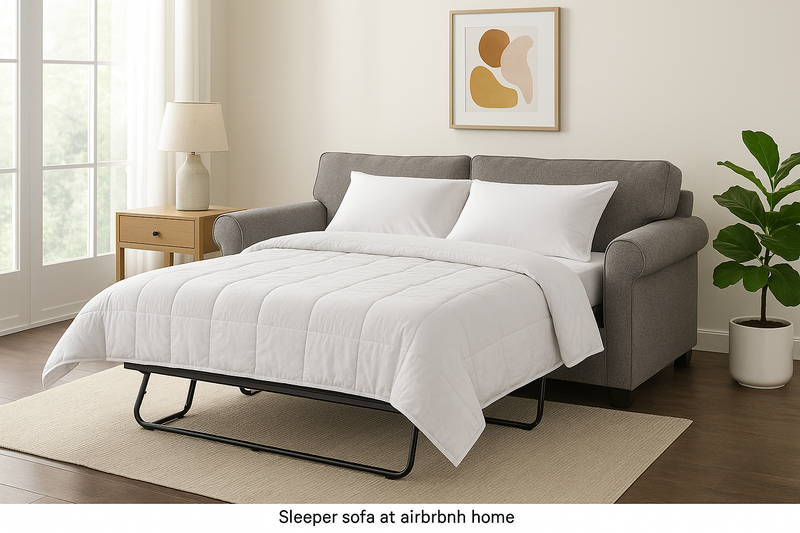 Gray sleeper sofa unfolded into a bed in an Airbnb living room with white bedding, wooden side table, indoor plant, abstract wall art, and large windows letting in natural light.