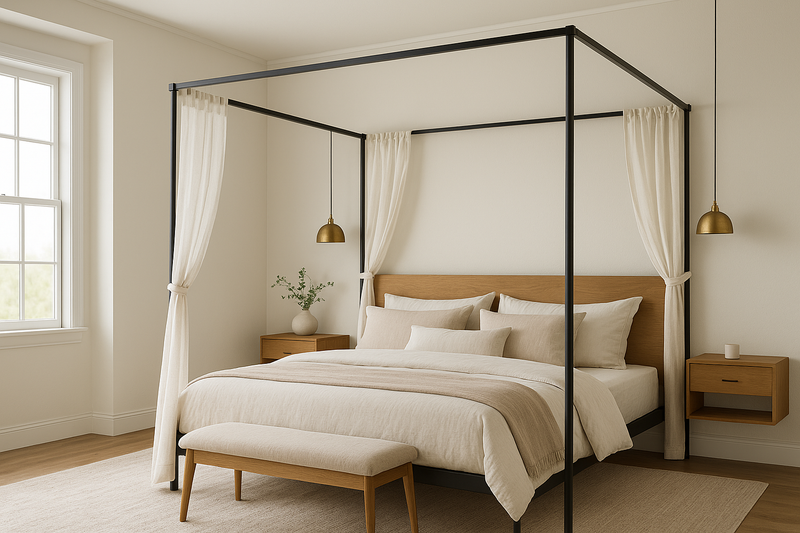 Modern canopy bed with slim black metal frame and oak headboard, sheer white linen curtains tied back, brass pendant lights, floating nightstands, and neutral bedding in a bright, small-bedroom setting.