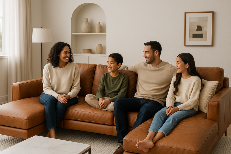 Family sitting and chatting on a modern leather double chaise sectional in a chic living room with minimalist décor and natural light