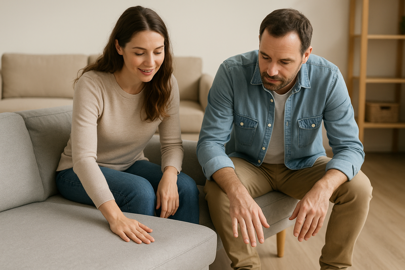 A couple sitting on a sofa in a furniture store, pressing down on the cushions to test firmness of down vs foam.