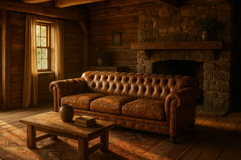 Weathered brown leather Chesterfield sofa in a rustic farmhouse living room with timber beams, stone fireplace, linen curtains, a rough hewn wood coffee table, and warm late afternoon light on a patterned rug.