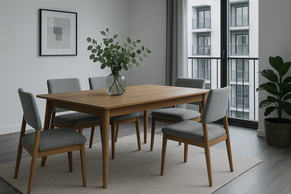 Extendable wooden dining table with chairs showing space-saving design and leaf mechanism