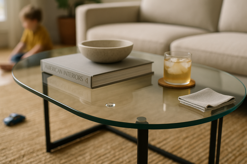 Tempered glass coffee table with rounded edges and a matte black frame in a bright living room, showing clear bumpers, a coastered drink, and design books—illustrating style and durability for family spaces.