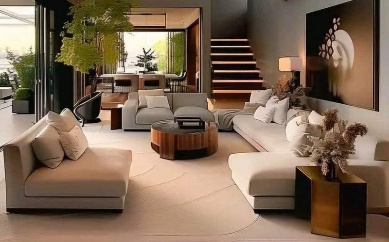Modern living room with mixed furniture styles, featuring neutral sofas, wooden tables, and contemporary decor accents