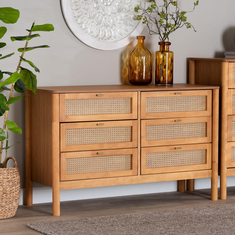 Japandi style wooden dresser with rattan drawers and minimalist decor